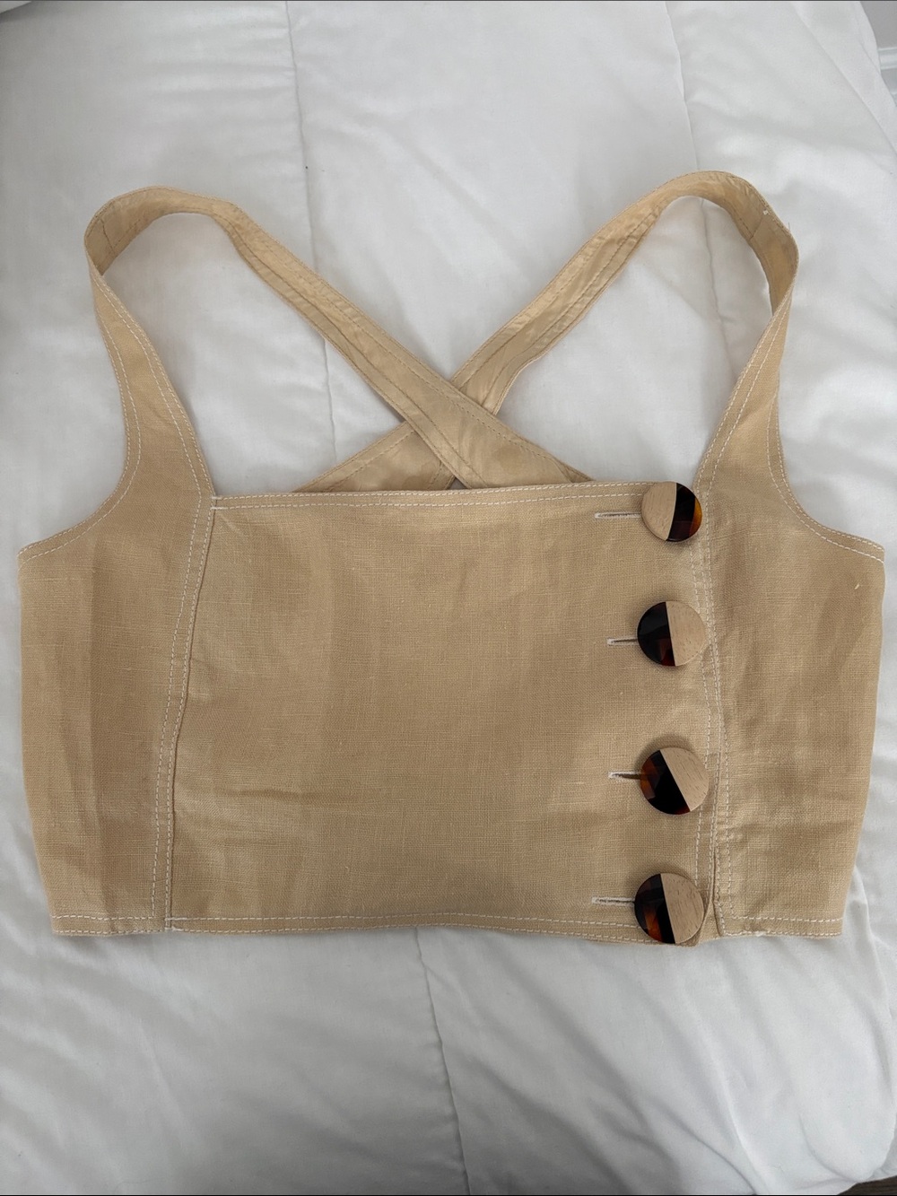 NICHOLAS Pinafore Open-back Cropped Linen Top in Beige Size 6